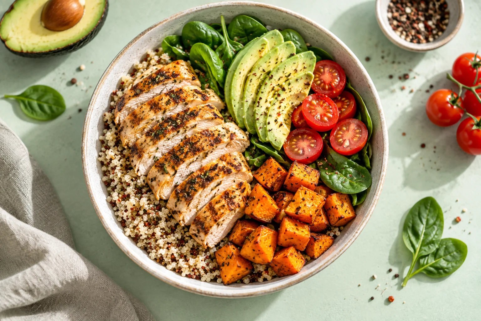 Bowl mit Hähnchen, Quinoa, Avocado und Gemüse