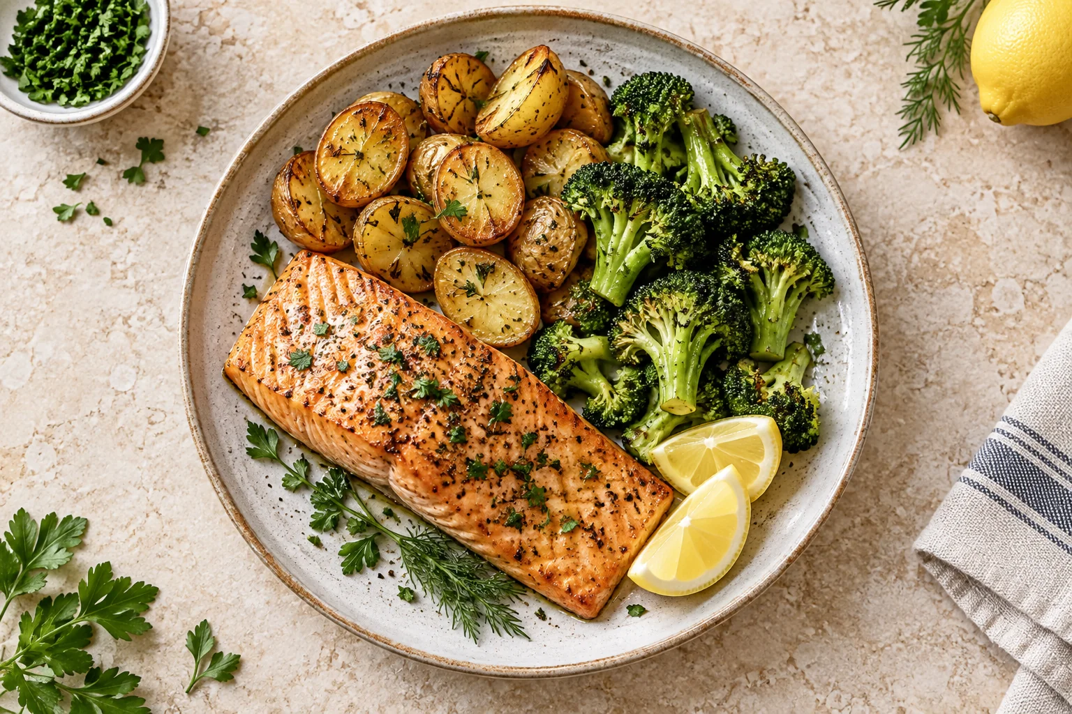 Beispielgericht: Lachs mit Kartoffeln und Brokkoli
