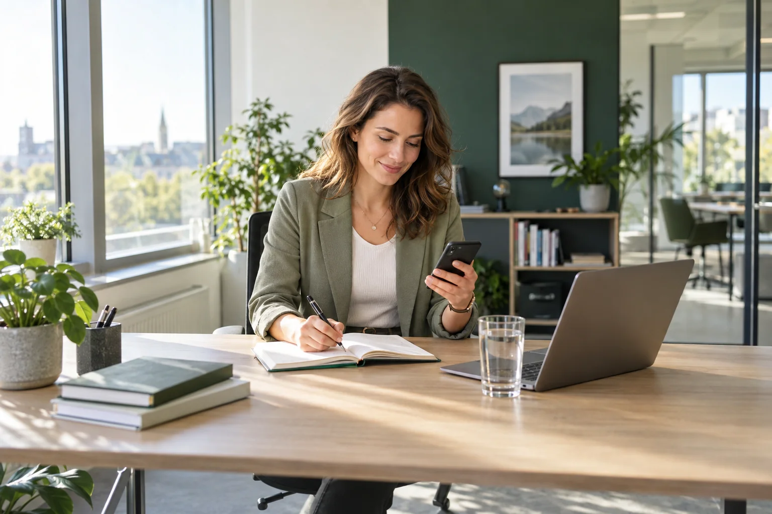 Mitarbeiterin plant morgens ihren Arbeitstag mit Smartphone und Notizbuch