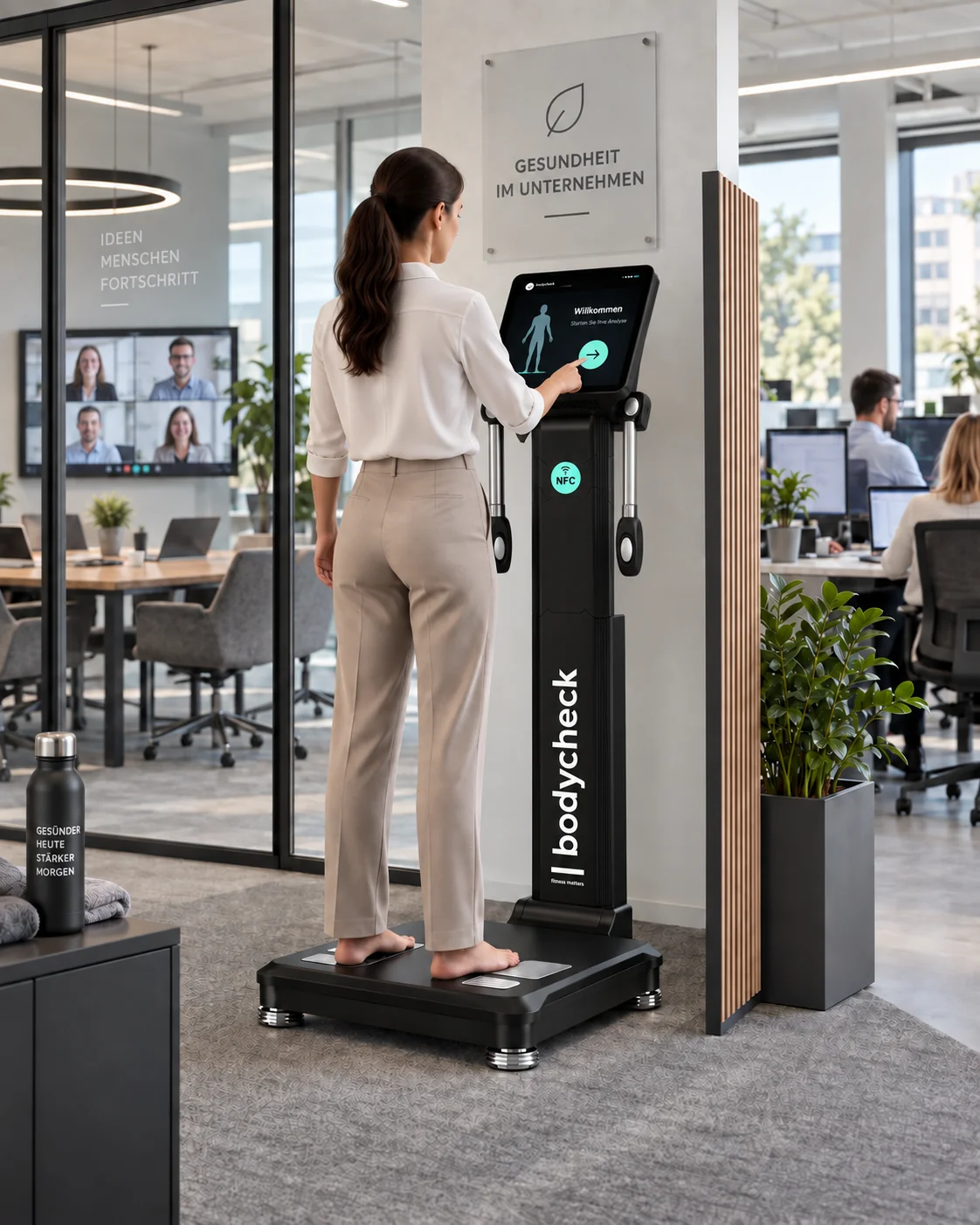 Mitarbeiterin bedient den BODYCHECK-Touchscreen im Unternehmen