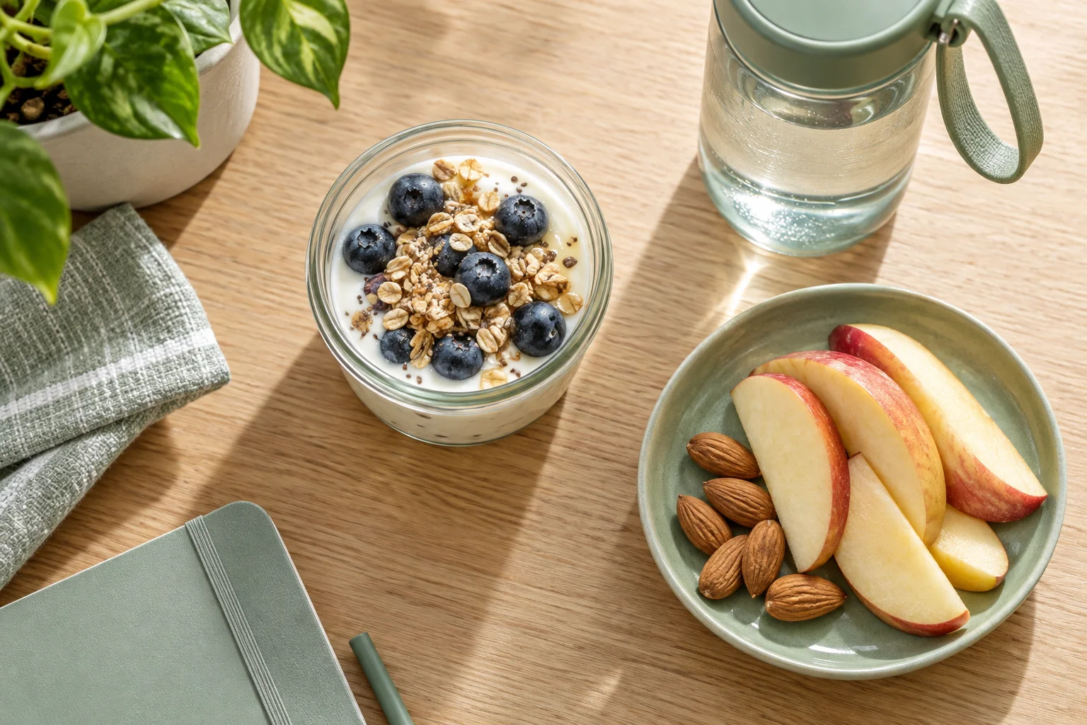 Joghurt mit Beeren, Haferflocken und Obst für die Arbeitspause